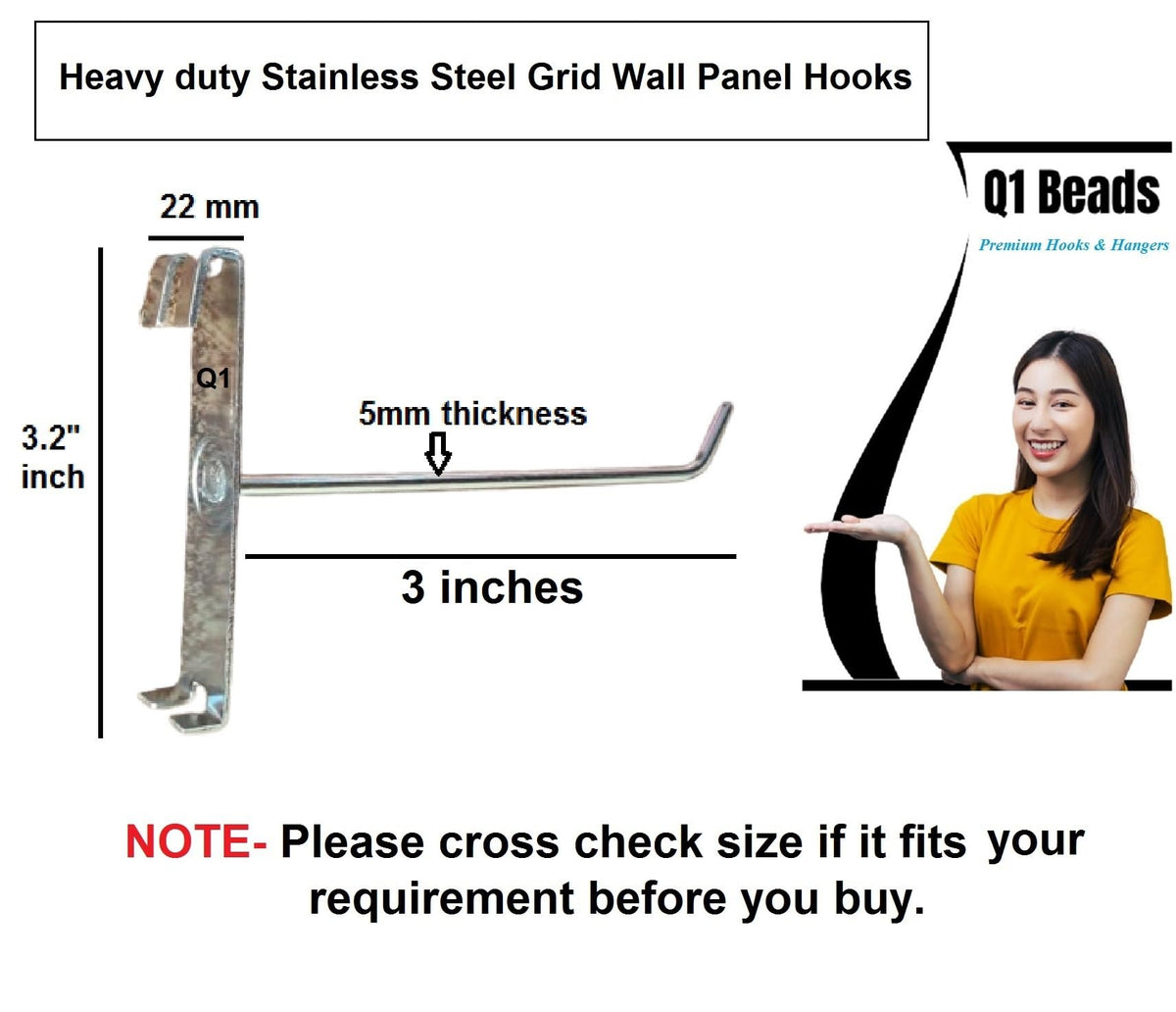 Q1 Beads SS Grid Wall/Mesh/Jali Hook Pack of 25 pcs.