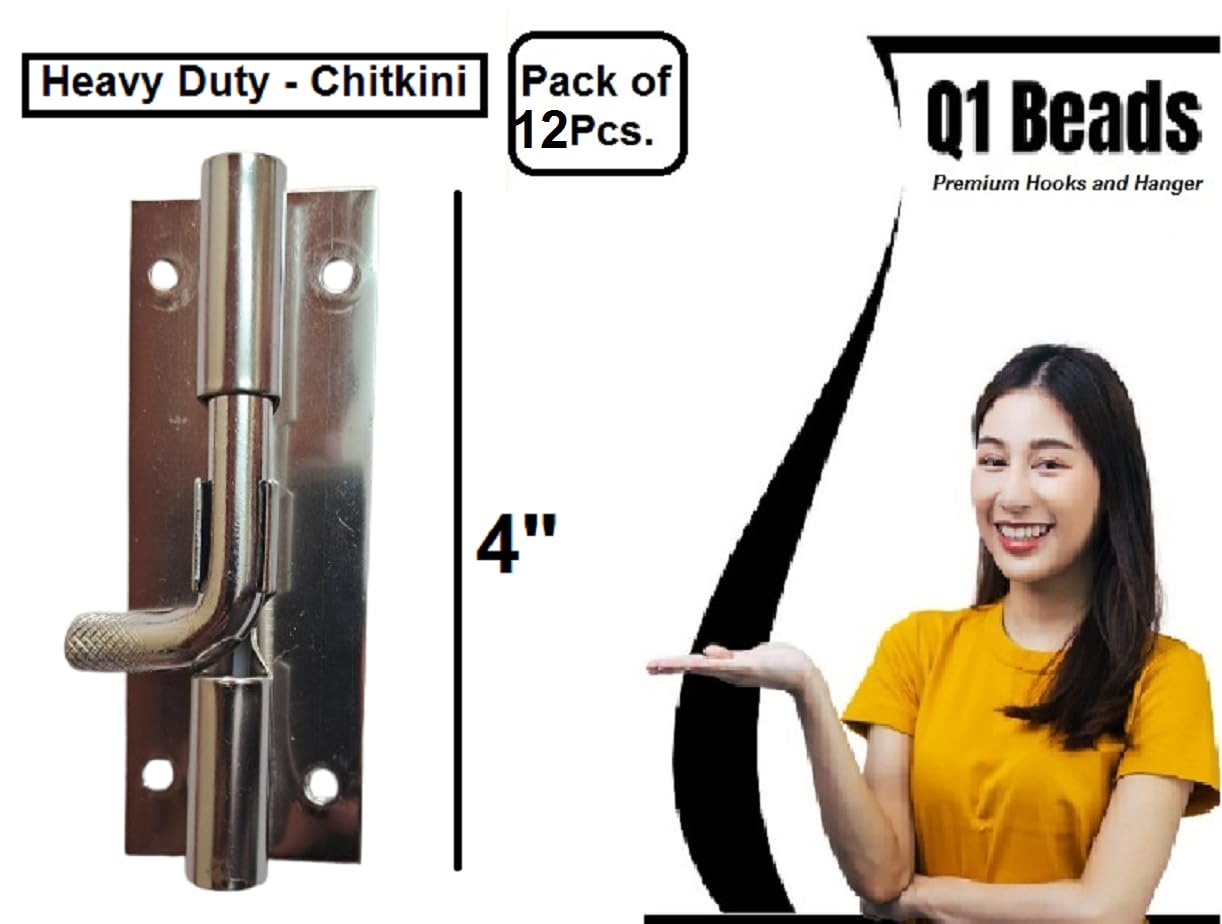 Q1 Beads 12 Pcs. 4 inch Steel Chitkini/Tower Bolt with Screws for Home,Offices Doors and Windows,Main Door Latch/Kundi/Door Latch for Windows (Chrome, Pack of 12)