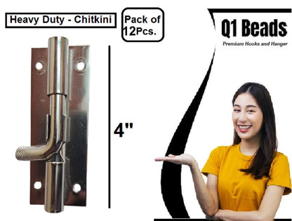 Q1 Beads 12 Pcs. 4 inch Steel Chitkini/Tower Bolt with Screws for Home,Offices Doors and Windows,Main Door Latch/Kundi/Door Latch for Windows (Chrome, Pack of 12)