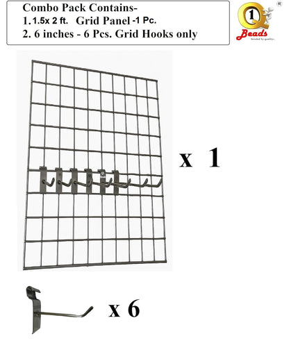 Q1 Beads Steel Grid Wall Mesh 1.5x2 feet(45 x 60 cm) Display Stand Rack with 6 inch Jaali Hook 6 Pcs. for Retail Display|Shop|Showroom|Kitchen| Hanging Accessories|Photo 5 MM SS Rod (Chrome)
