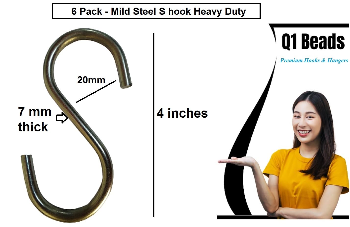 Q1 Beads 6 Pcs Metal 4 inches Heavy Duty S Hook 7 mm for Jhula Swing Hammock Hanging Accessories 200 Kgs Capacity S-Hook Set for Baby Swing,Boxing Punching Bag, Hang Any Article (Chrome)
