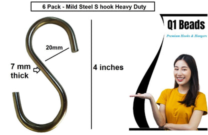 Q1 Beads 6 Pcs Metal 4 inches Heavy Duty S Hook 7 mm for Jhula Swing Hammock Hanging Accessories 200 Kgs Capacity S-Hook Set for Baby Swing,Boxing Punching Bag, Hang Any Article (Chrome)