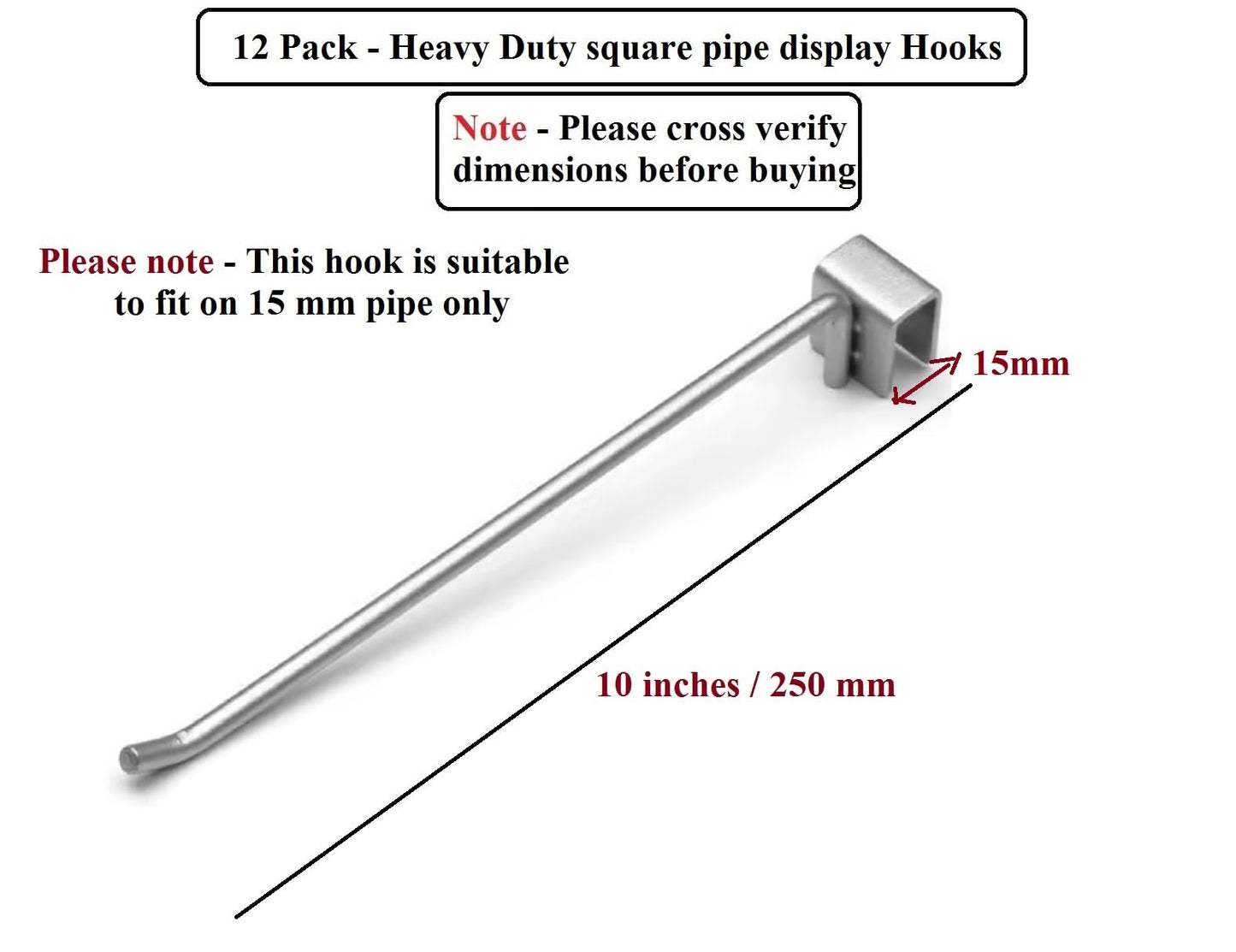 Q1 Beads 12 Pcs. Steel Square Pipe Panel Display Hooks for Shop 250 mm/10 inch for Square Pipe 15x30 mm -Supermart Shelf Accessories(Chrome)