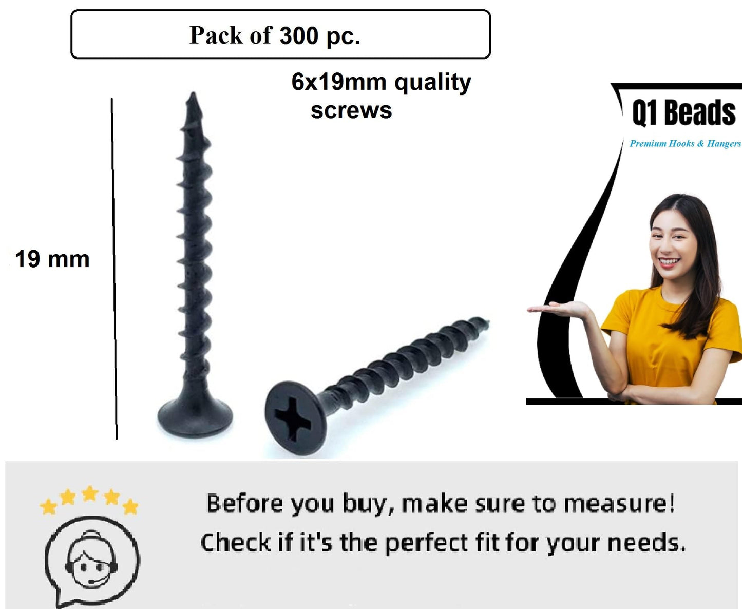Q1 Beads 300 pcs Iron 19mm (0.75") Black Drywall Screw Self Drilling Bugle Head PoP for Multiuses (Size 3.5x19)