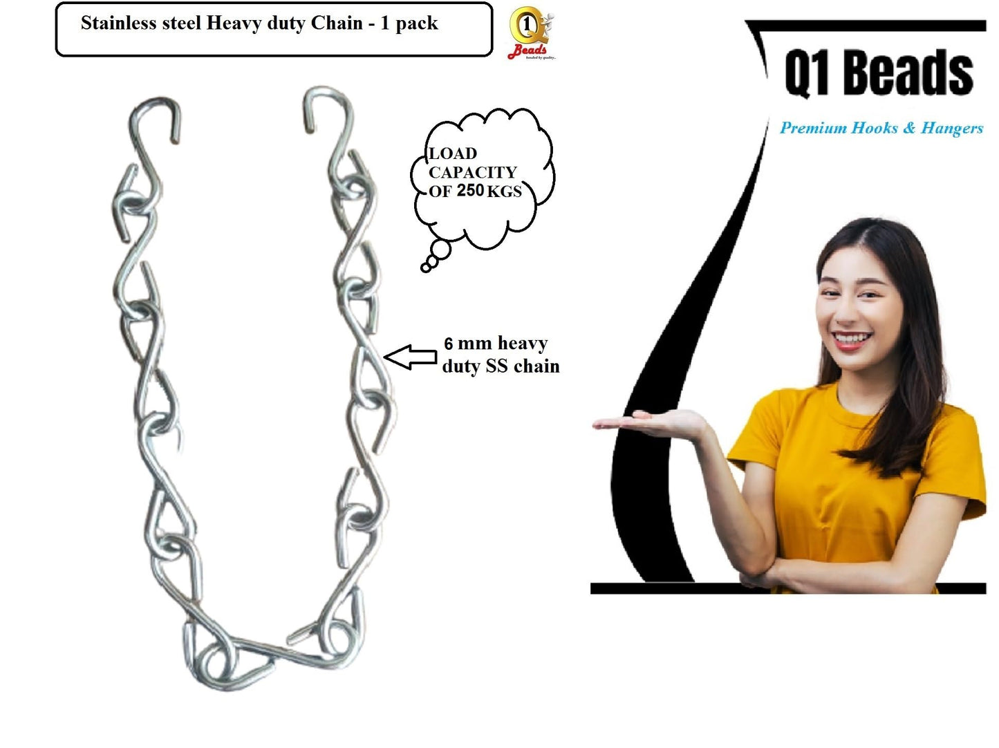 Q1 Beads 2 Feet Stainless Steel Chain 6 mm Heavy Duty Load Capacity 250 kgs for Hanging Swing Jhula Hammock Chair & Garden Swing/Kids Jhula (1 Pack, Chrome)