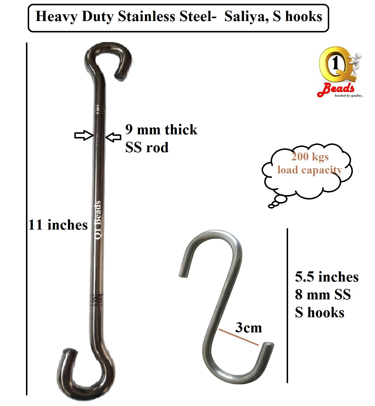 Q1 Beads 9 mm Stainless Steel 2 Pcs Jhula Rod Link Saliya with 2 Pcs S Hooks (8 mm) Heavy Duty (Chrome)