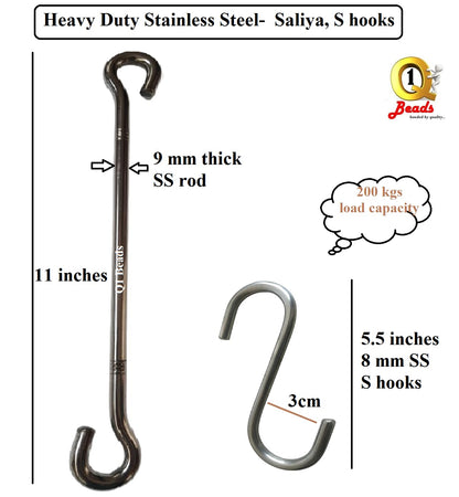 Q1 Beads 9 mm Stainless Steel 2 Pcs Jhula Rod Link Saliya with 2 Pcs S Hooks (8 mm) Heavy Duty (Chrome)