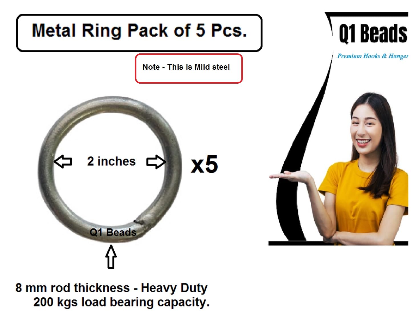 Q1 Beads 5 Pcs. Metal Ring 8 mm Thick Heavy Duty 200 Load Capacity Multipurpose for Hanging Jhula Swing Hammock Hook 1 (Silver)