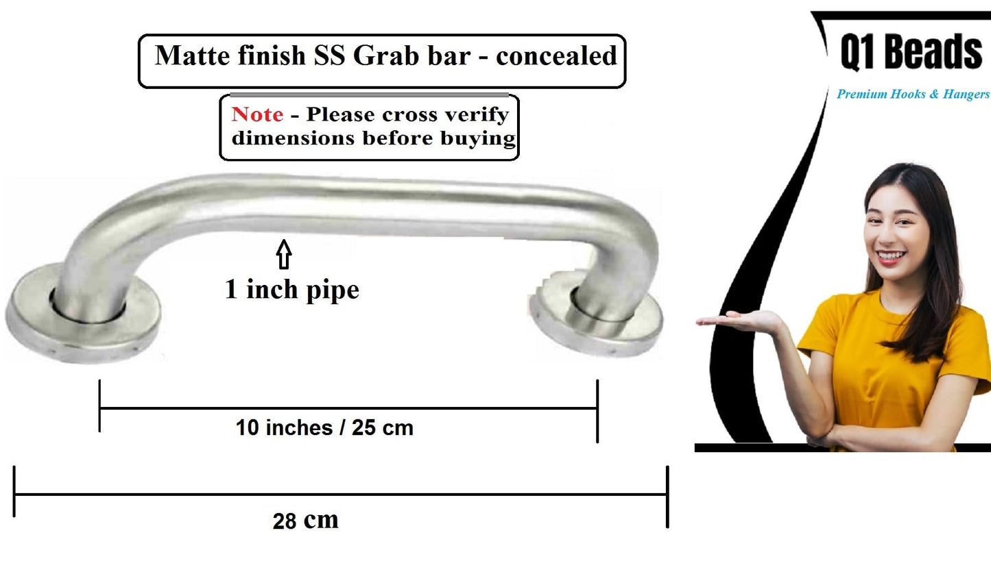 Q1 Beads 10 inches Stainless Steel Heavy Duty High Grade Grab Bar Safety Rail Handle for Senior Citizen Wall Mounted Grab Bar for Toilet Bathroom Bathtub (25 cm, Chrome)
