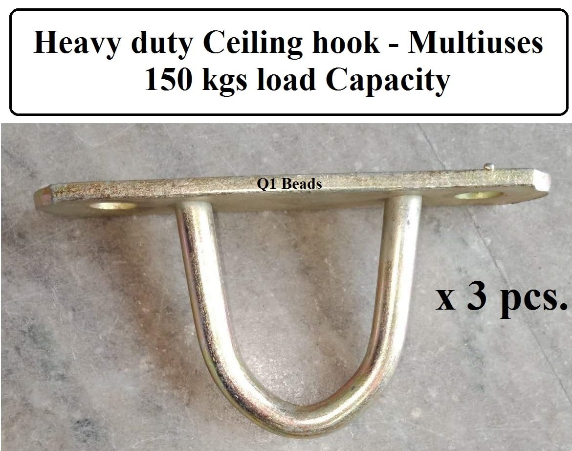 Q1 Beads 3 Pcs Set Metal Heavy Duty D Wall Hook for Ceiling Hanging Swing Chandelier Baby Swing Punching Bag Fan Jhula Hammock Swing Heavy Weight with 4 inches(10x100 mm) fasteners 6 Nos.