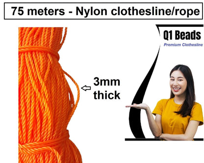 Q1 Beads 75 Meters Nylon 3 mm Clothesline for Drying Clothes Rope for Hanging Clothes in Balcony (Orange)-Pack of 1