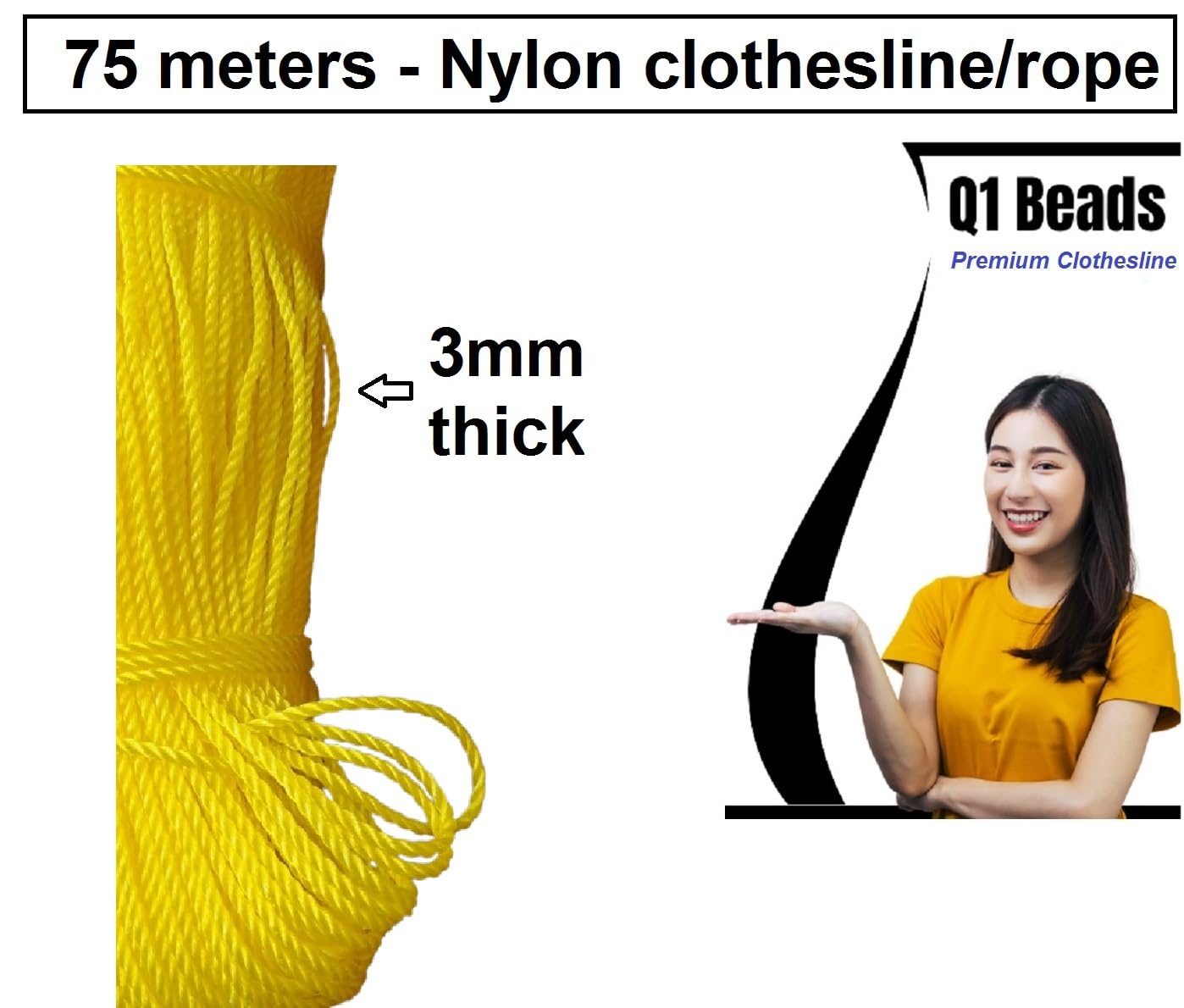 Q1 Beads 75 Meters Nylon 3 mm Clothesline for Drying Clothes Rope for Hanging Clothes in Balcony (Yellow)-Pack of 1
