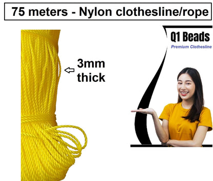 Q1 Beads 75 Meters Nylon 3 mm Clothesline for Drying Clothes Rope for Hanging Clothes in Balcony (Yellow)-Pack of 1