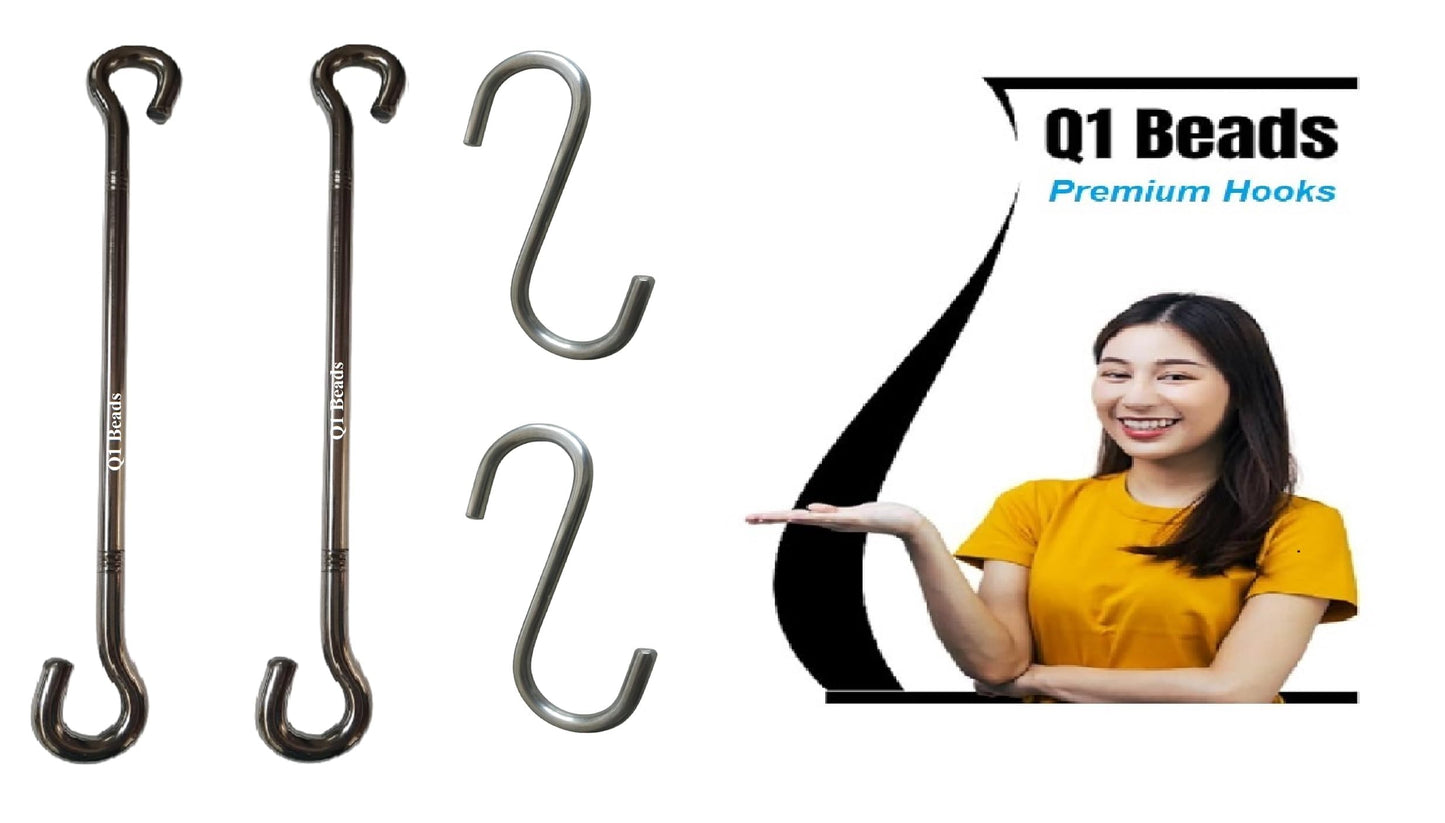 Q1 Beads 9 mm Stainless Steel 2 Pcs Jhula Rod Link Saliya with 2 Pcs S Hooks (8 mm) Heavy Duty (Chrome)