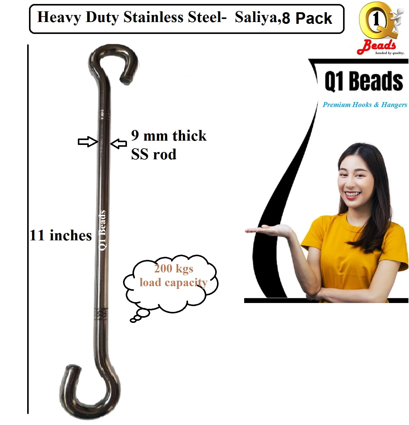 Q1 Beads 9 mm Stainless Steel 8 Pcs Jhula Rod Link Saliya 200 kgs Capacity,Heavy Duty for Hanging Swing, Porch,Hammock,Indoor Outdoor uses (Chrome)