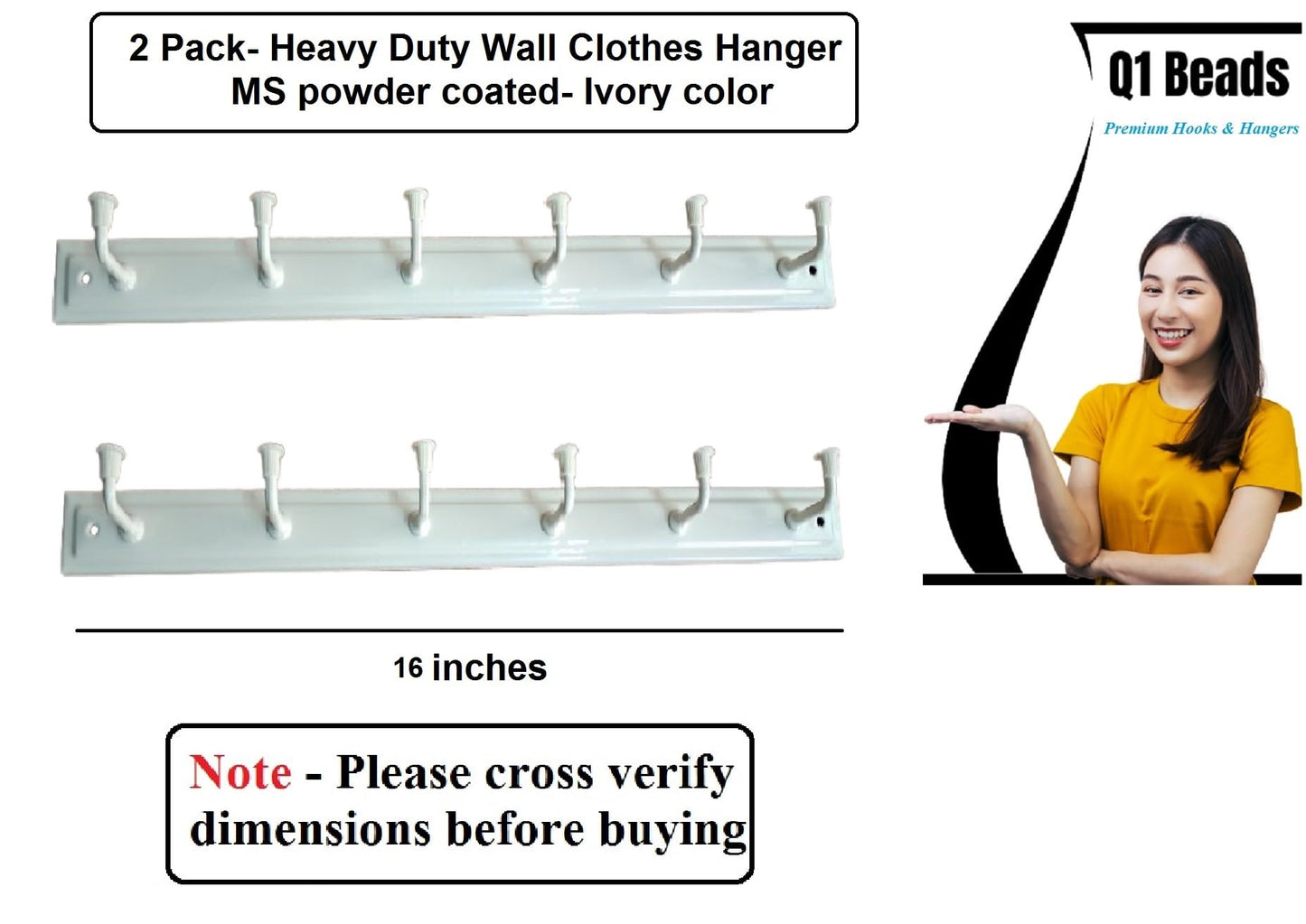 Q1 Beads 2 Pack Metal Wall Mount Clothes Hanger 6 Pins Wall Hooks for Hanging,Towel Hook Hanger for Bathrooms with Hardware Fittings (Ivory)