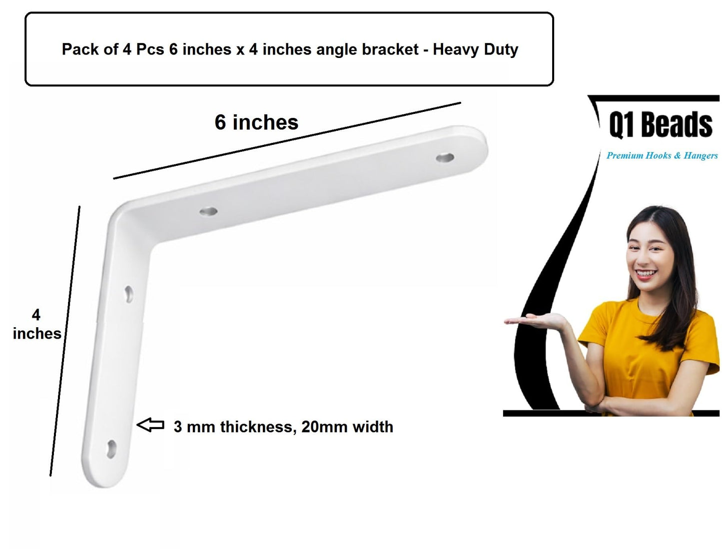 Q1 Beads 4 Pack Metal 6 x 4 inches Heavy Duty 30 Kgs. Load Capacity L Clamp Angle Bracket L Bracket for Wall Shelf,Rack, Home,Shop, Showroom (6 x 4 Inches, White Powder Coated)