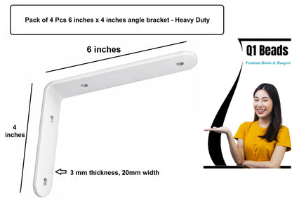Q1 Beads 4 Pack Metal 6 x 4 inches Heavy Duty 30 Kgs. Load Capacity L Clamp Angle Bracket L Bracket for Wall Shelf,Rack, Home,Shop, Showroom (6 x 4 Inches, White Powder Coated)