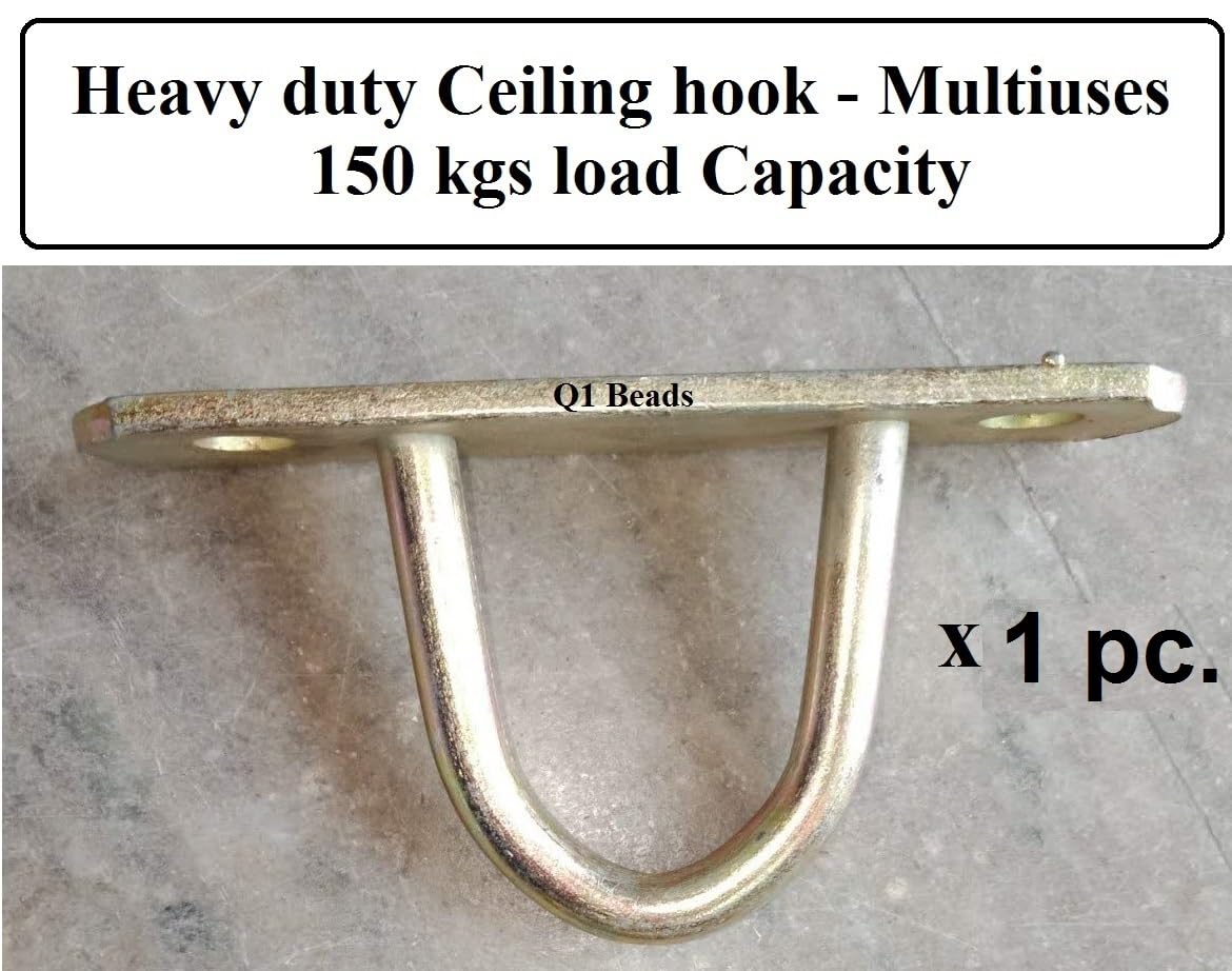 Q1 Beads Metal D Shaped Wall Hook Ceiling Hooks Hanger for Swing/Hammock Multiuses with 10x100 mm Fasteners and Carabiner/Snap Hook(Golden)