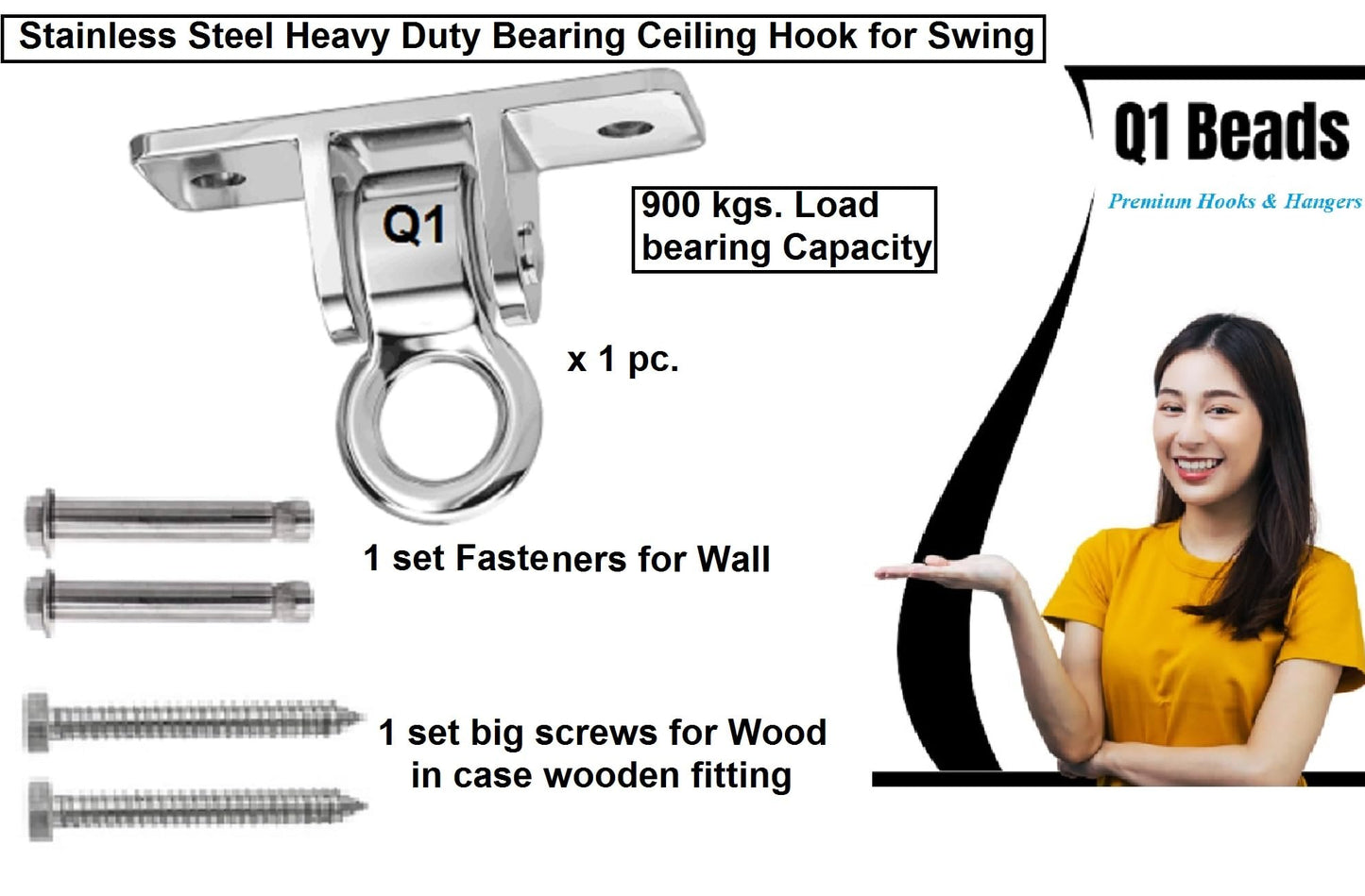 Q1 Beads 304 Stainless Steel 900 Kgs Load Capacity Swing Hanger Heavy Duty Ceiling Hook Bearing Kada for Hanging Swing, Hammock,Playing Jhula,Playground, Porch, Yoga Seat with Fittings (Chrome,1 Pc.)