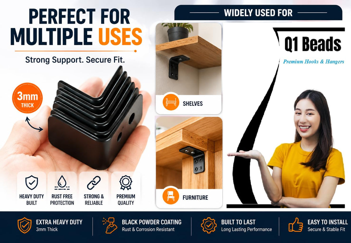 Q1 Beads Metal Heavy Duty (3 mm) L Angle Bracket Clamp - Right Angle Brace for Wood Furniture & Metal, Includes Screws (Black Powder Coated)