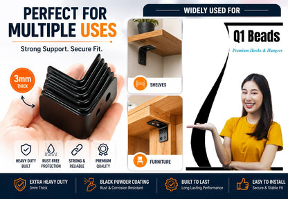 Q1 Beads Metal Heavy Duty (3 mm) L Angle Bracket Clamp - Right Angle Brace for Wood Furniture & Metal, Includes Screws (Black Powder Coated)