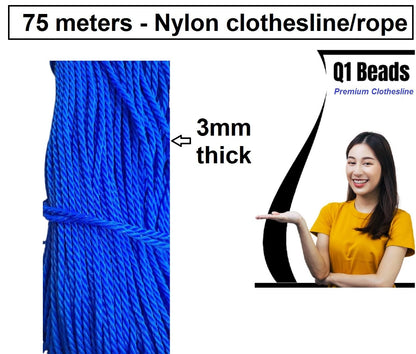 Q1 Beads 75 Meters Nylon 3 mm Clothesline for Drying Clothes Rope for Hanging Clothes in Balcony (Blue)-Pack of 1