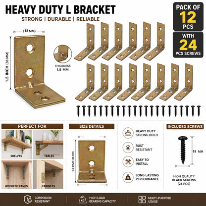 Q1 Beads 12 Pack Metal 1.5x1.5 inches L Brackets Clamp Floating Bracket for Shelf - Right Angle Bracket for Wood Furniture & Metal,with 24 Screws (38x38mm, Zinc Plated- Golden)