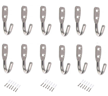 Q1 Beads 12 Pcs. Stainless Steel Heavy Duty(6mm) J Hook 30 Kgs Load Capacity Wall Hooks for Hanging on Bathroom Door,Clothes, Robe, Keys (Chrome)