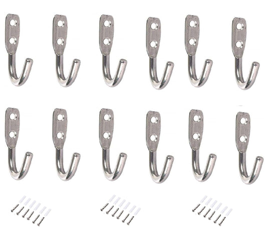 Q1 Beads 12 Pcs. Stainless Steel Heavy Duty(6mm) J Hook 30 Kgs Load Capacity Wall Hooks for Hanging on Bathroom Door,Clothes, Robe, Keys (Chrome)