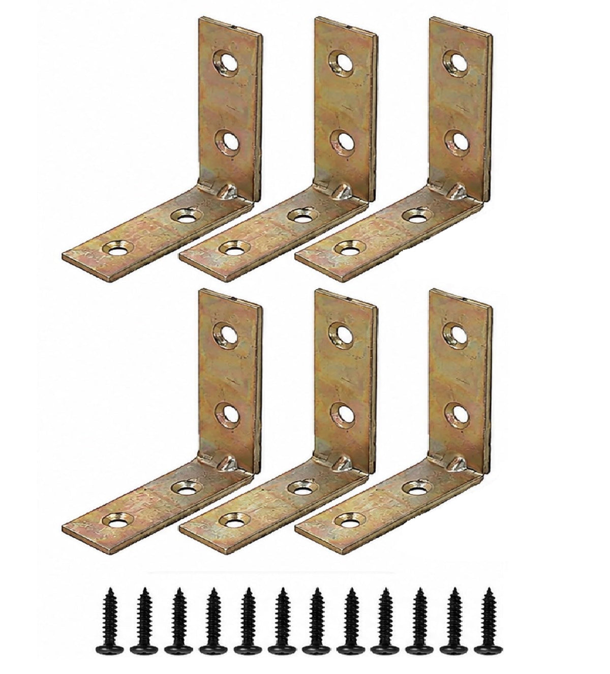 Q1 Beads 6 Pack Metal 2 x 2 inches L Brackets Clamp Floating Bracket for Shelf - Right Angle Bracket for Wood Furniture & Metal,with 12 Screws (2 x 2 Inches, Zinc Plated -Golden)