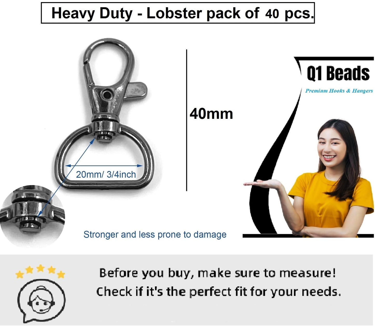 Q1 Beads 40 Pack Steel 40x20 mm Lobster Claw Clasps - Wide 3/4 Inch D Ring - 360° Swivel Trigger Snap Hooks - Great for DIY Lanyards, Keychain Clasps - Swivel Hooks for Purses by Specialist ID Card