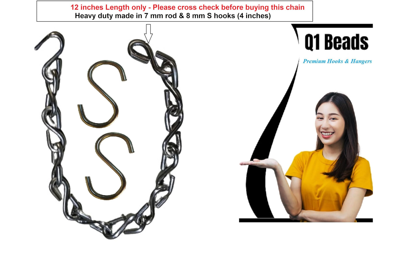Q1 Beads 1 Feet Metal Strong (7 mm) Heavy Duty Chain 300 KGS Capacity for Garden Swing/Playing Jhula Chain with 2 Pc S Hook (1 Pc,12 inches, Chrome)