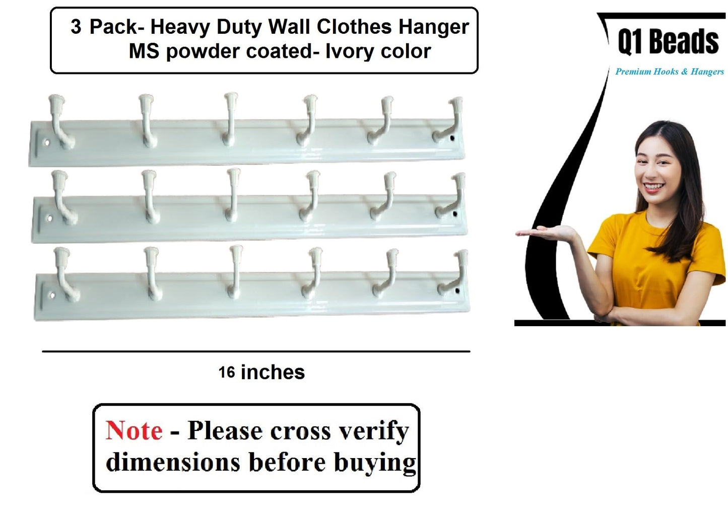 Q1 Beads 3 Pack Metal Wall Mount Clothes Hanger 6 Pins Wall Hooks for Hanging,Towel Hook Hanger for Bathrooms with Hardware Fittings (Ivory)