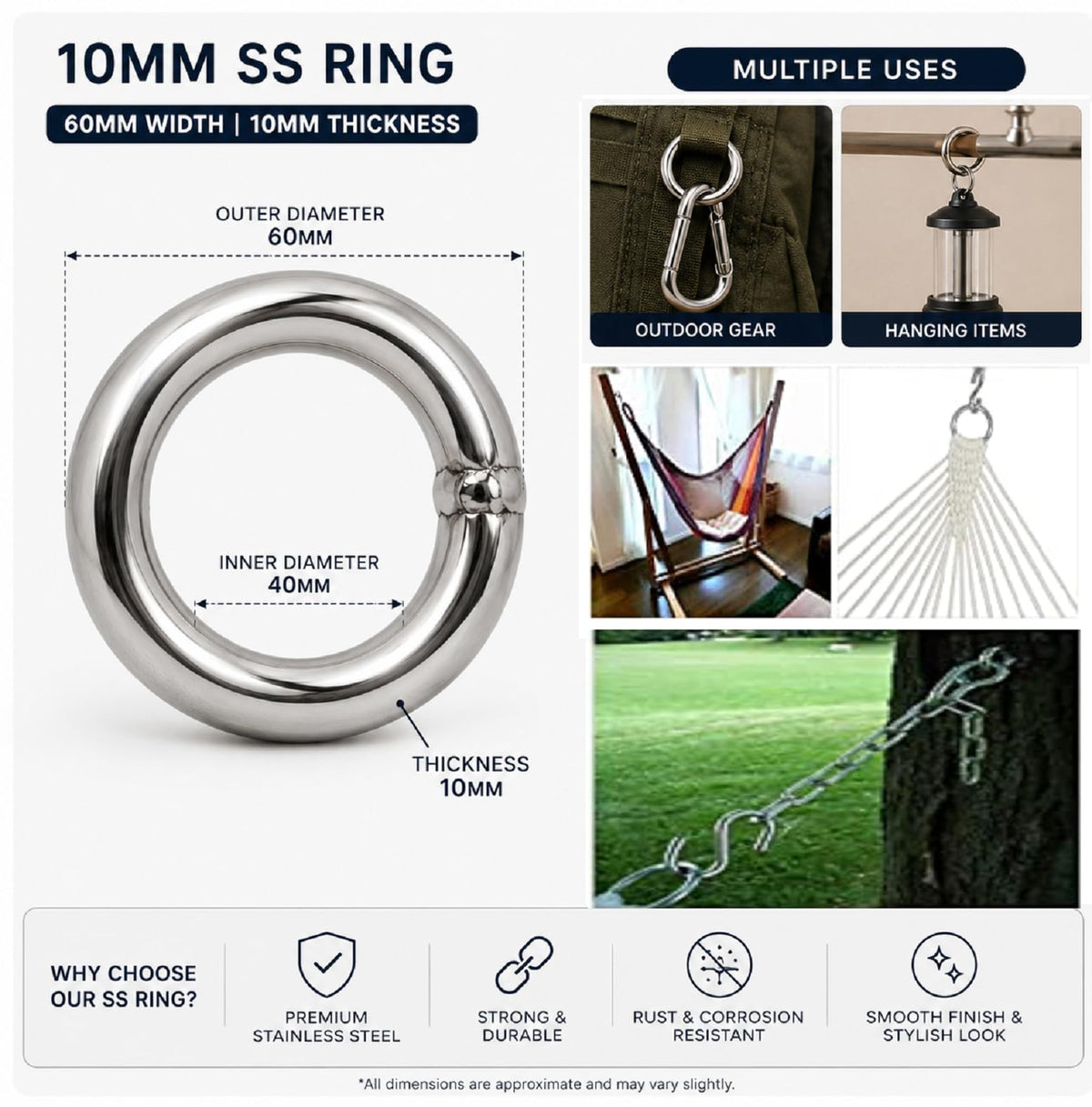 Q1 Beads 2 Pcs. Stainless Steel 900 Kgs Load Capacity (10 mm x 60 mm) Ring Hook Hanger Heavy Duty Multipurpose Hook for Hanging Swing, Patio,Hammock, Jhula etc.(Chrome,Ring Hook)