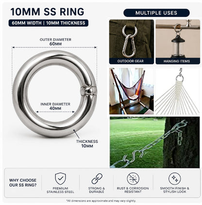 Q1 Beads 2 Pcs. Stainless Steel 900 Kgs Load Capacity (10 mm x 60 mm) Ring Hook Hanger Heavy Duty Multipurpose Hook for Hanging Swing, Patio,Hammock, Jhula etc.(Chrome,Ring Hook)