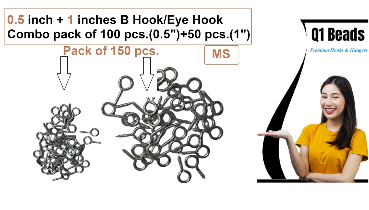 Q1 Beads Metal 150 Pcs. Combo B Hook Eye Hook Screws, Screw in Eye Hooks for Wood, Securing Cables Wires, Self Tapping Eyelet Screw Eye Bolts for Indoor & Outdoor Use (0.5 inch, 1 inch)