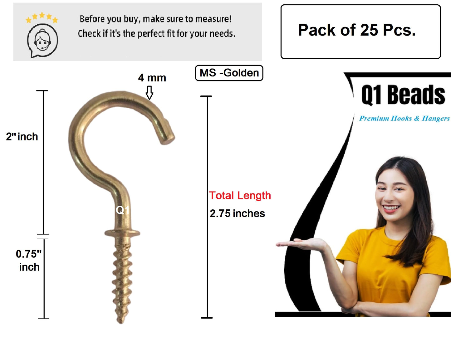 Q1 Beads 2" Inch Steel Cup Hook Wall Mount J Hook for Hanging & Multipurpose Wall Hook - Pack of 25 Pieces (Brass Finish)