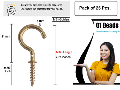 Q1 Beads 2" Inch Steel Cup Hook Wall Mount J Hook for Hanging & Multipurpose Wall Hook - Pack of 25 Pieces (Brass Finish)