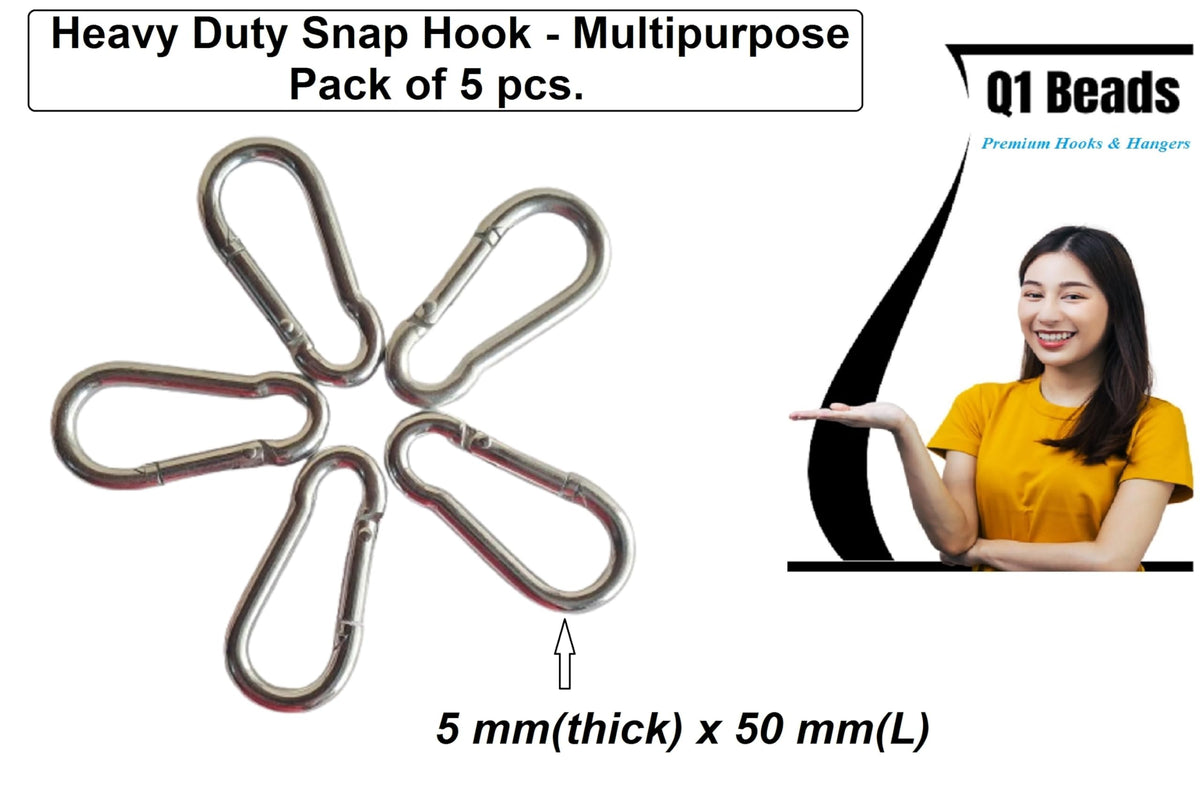 Q1 Beads 5 Pcs. Steel (5 mm x 50 mm) Carabiner Snap Hook 2 inches Heavy Duty Clips for Camping ＆ Travelling (Chrome)