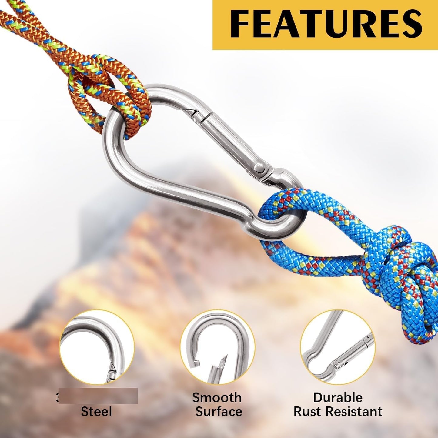 Q1 Beads 3 Pcs. Steel (8 mm x 80 mm) Carabiner Snap Hook 3 inches Heavy Duty Clips for Camping ＆ Travelling (Chrome)