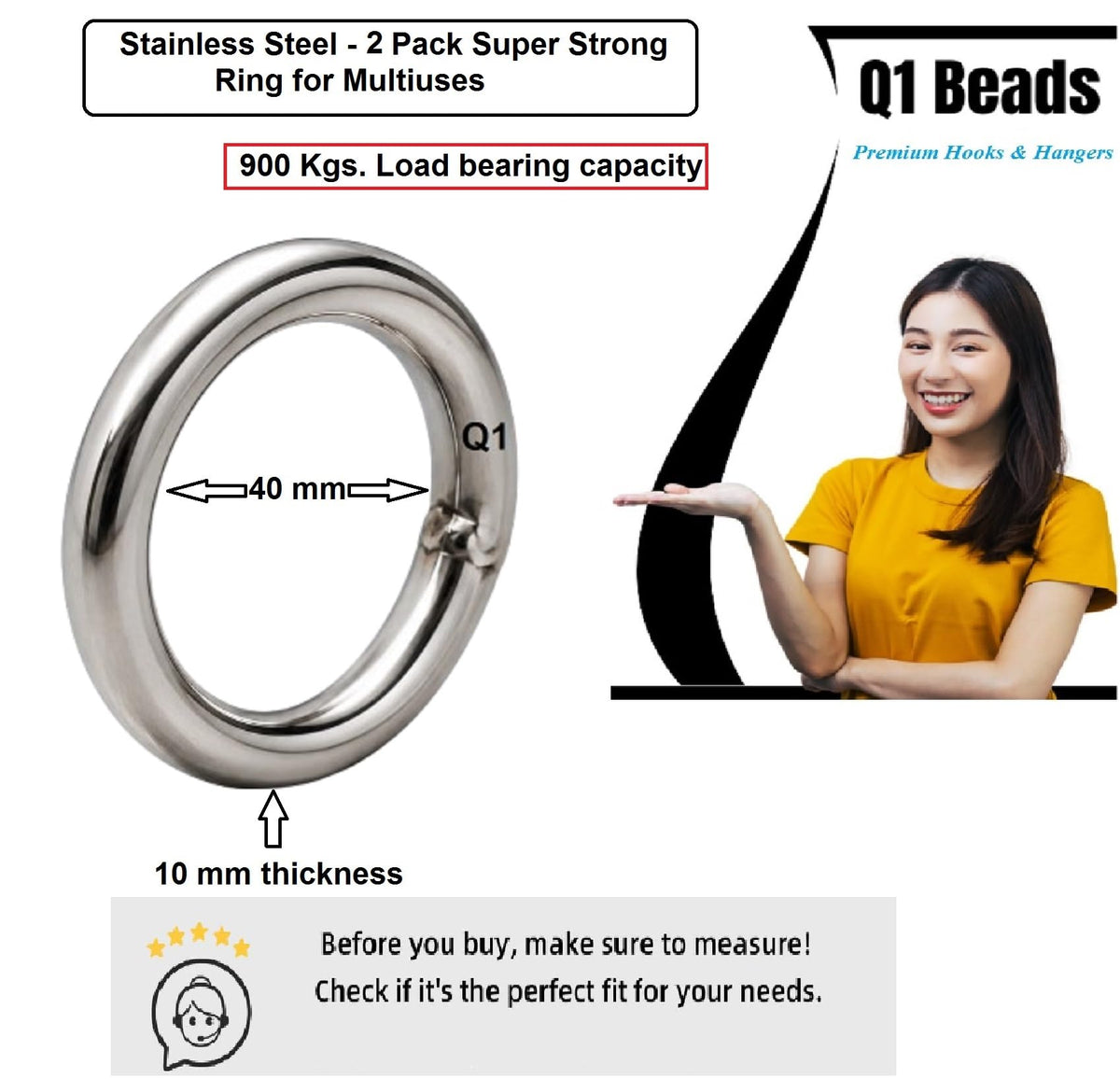 Q1 Beads 2 Pcs. Stainless Steel 900 Kgs Load Capacity (10 mm x 60 mm) Ring Hook Hanger Heavy Duty Multipurpose Hook for Hanging Swing, Patio,Hammock, Jhula etc.(Chrome,Ring Hook)
