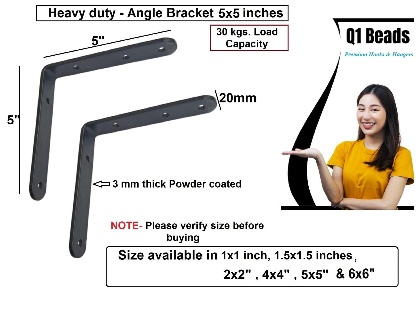 Q1 Beads 4 Pack Metal 5x5 inch Heavy Duty 30 Kgs. Load Capacity L Clamp Angle Bracket L Bracket for Wall Shelf,Rack, Home,Shop, Showroom (5 x 5 Inches, Black Powder Coated)
