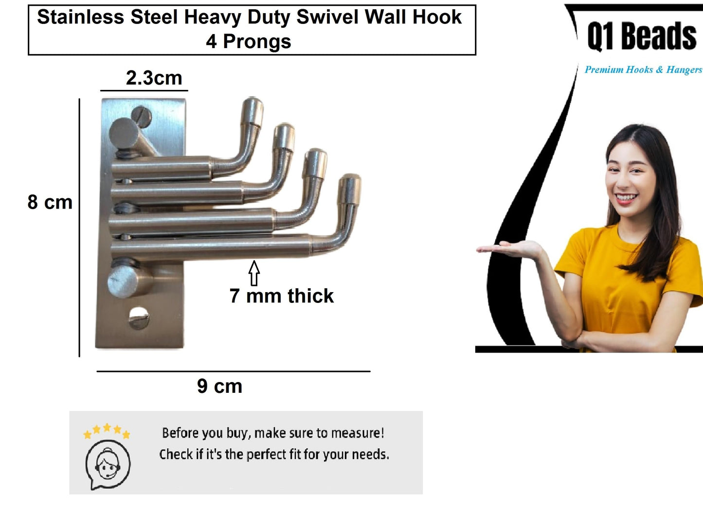 Q1 Beads 3 Pcs. Stainless Steel 4 Pins Swivel Wall Hook Hanger for Hanging Clothes and Towel Hangers for Wall,Door Hangers,Rotatable 180 Degree Hook,Bathroom Hooks Door Robe Hooks-Pack of 3 (Chrome)
