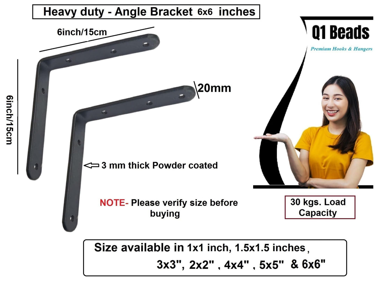 Q1 Beads Metal Heavy Duty (3 mm) L Angle Bracket Clamp - Right Angle Brace for Wood Furniture & Metal, Includes Screws (Black Powder Coated)