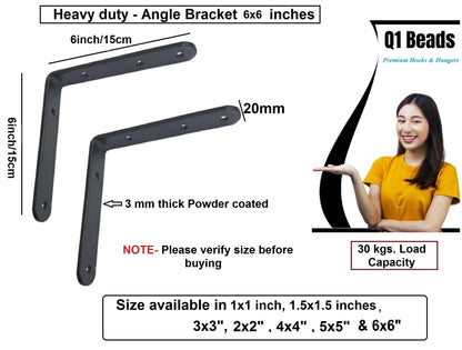 Q1 Beads Metal Heavy Duty (3 mm) L Angle Bracket Clamp - Right Angle Brace for Wood Furniture & Metal, Includes Screws (Black Powder Coated)