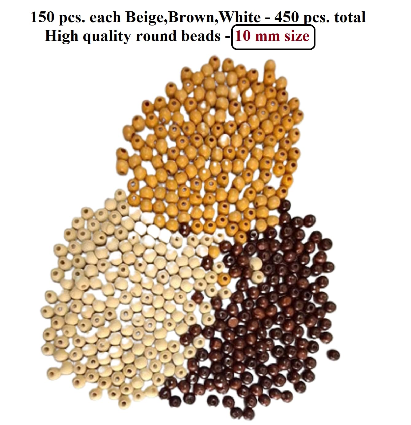 Q1 Beads 450 Pieces. 10 mm Round Wooden Beads for Arts & Craft DIY,Macrame Beige,Brown,White tri Colors (2 mm Hole)