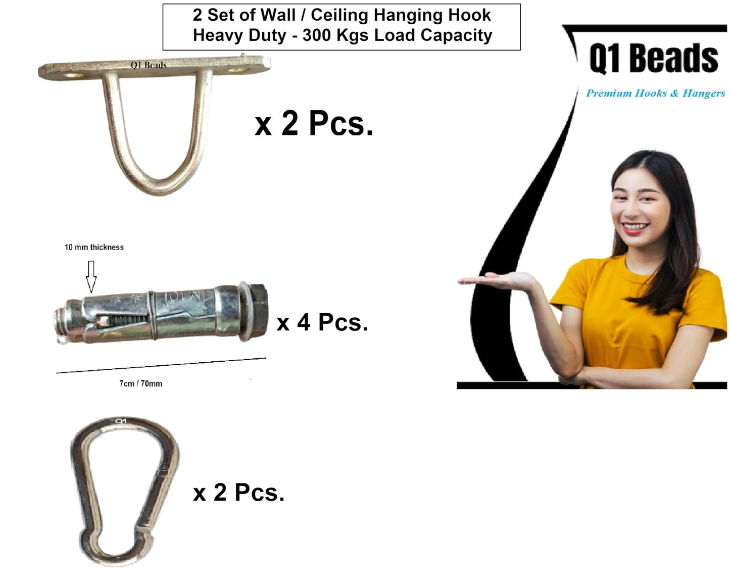Q1 Beads 2 Pack Metal Wall Hook with Snap Hook 8x80mm Heavy Duty 300 Kg Load Capacity | Zinc Plated Raval Anchor Bolt 10x70 mm Hanger for Swing, Hammock, Punching Bag, Garage Storage (Golden)