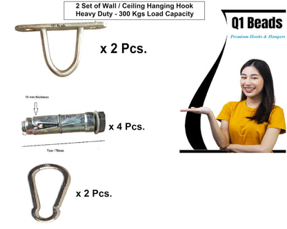 Q1 Beads 2 Pack Metal Wall Hook with Snap Hook 8x80mm Heavy Duty 300 Kg Load Capacity | Zinc Plated Raval Anchor Bolt 10x70 mm Hanger for Swing, Hammock, Punching Bag, Garage Storage (Golden)