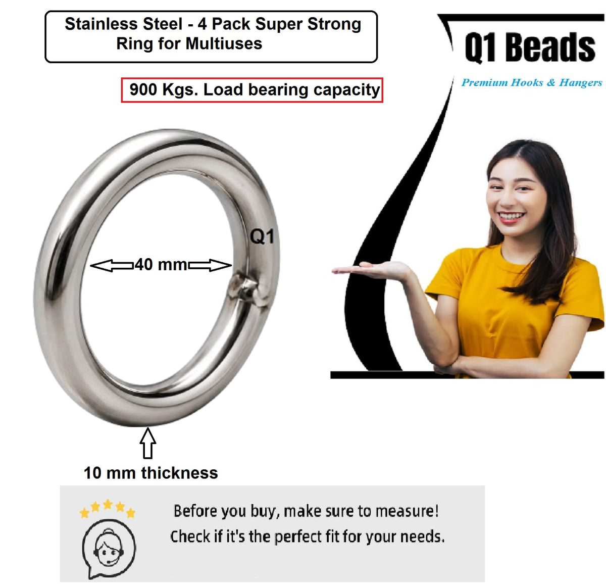 Q1 Beads 4 Pcs. Stainless Steel Ring 900 kgs Load Capacity (10 mm x 60 mm) Heavy Duty & Super Strong Multipurpose Hook for Hanging Jhula Swing Hammock Hook (Silver)